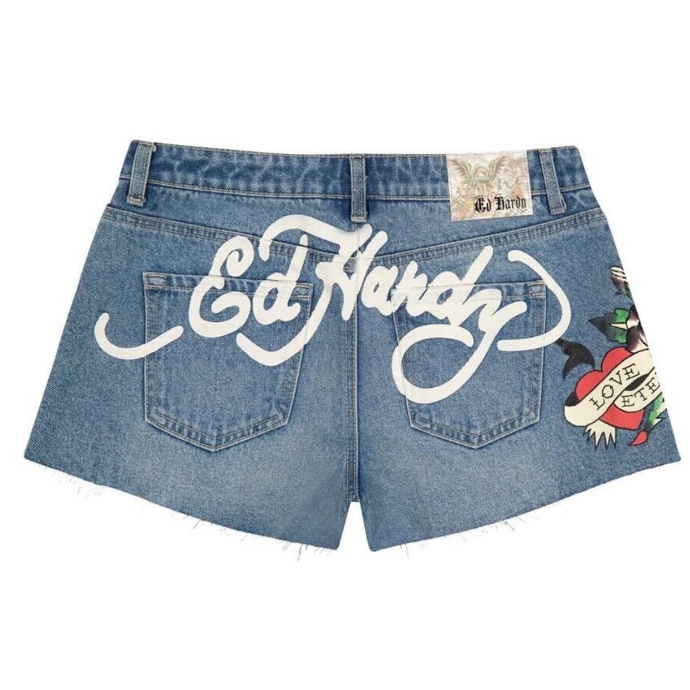 Ed Hardy Blue Denim Shorts with White Script and Multicolor Tattoo Heart - Picture 2 of 5